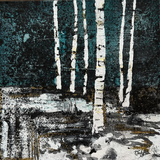 'Night Birches' 19cm x 19cm Gouache & Ink on Board
