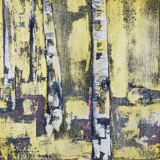 'June Birches' 19cm x 19cm Mixed Media on Board